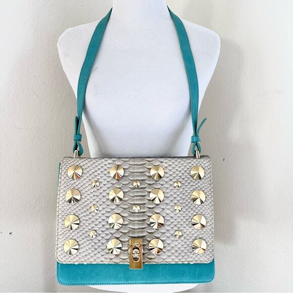 Be&D Turquoise Studded Gold  Hardware Textured Snakeskin Shoulder Handbag - Picture 2 of 15